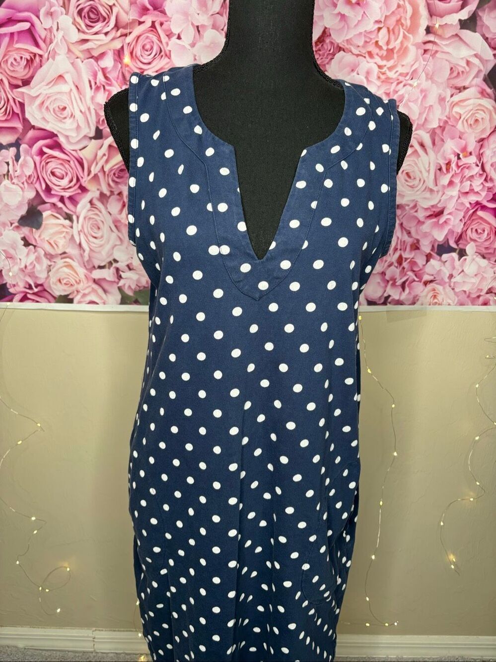 Lands' End 100% Cotton Navy & White Polka Dot Sleeveless Shift Dress with Pocket